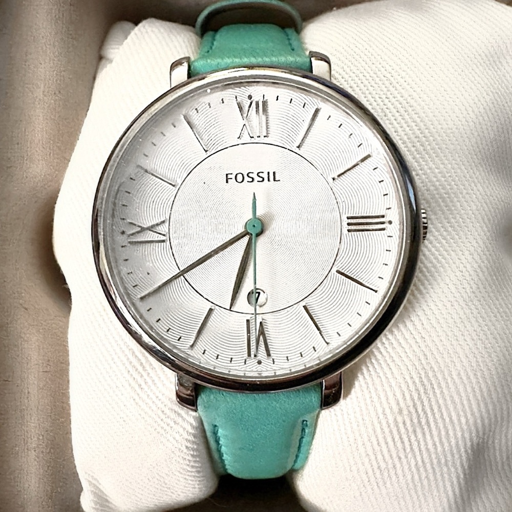 Fossil Teal Leather Jacqueline Women’s Watch w/ Silver in Original Fossil Box - Picture 1 of 7